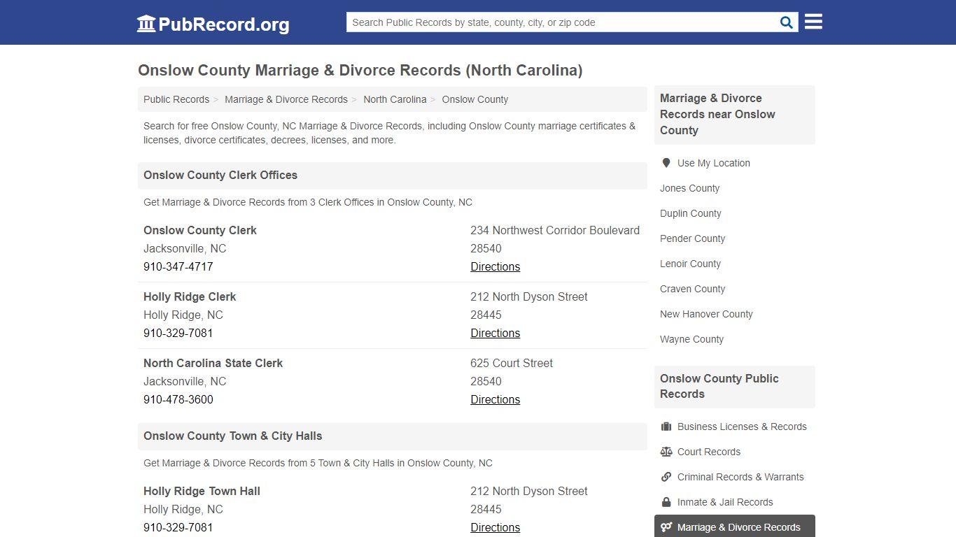 Onslow County Marriage & Divorce Records (North Carolina)